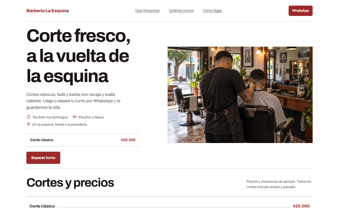 Primera pantalla del demo Barbería La Esquina, plan Esencial