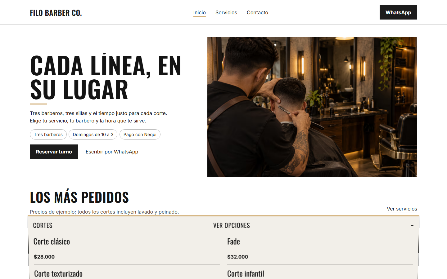 Primera pantalla del demo Filo Barber Co., plan Impulso