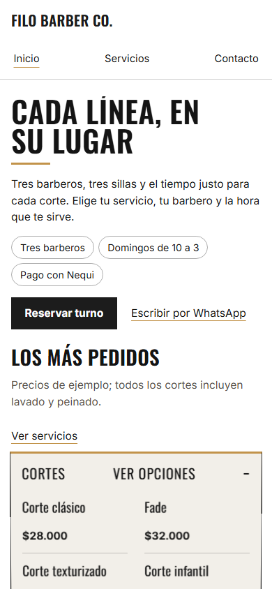 Vista del demo Filo Barber Co. en celular