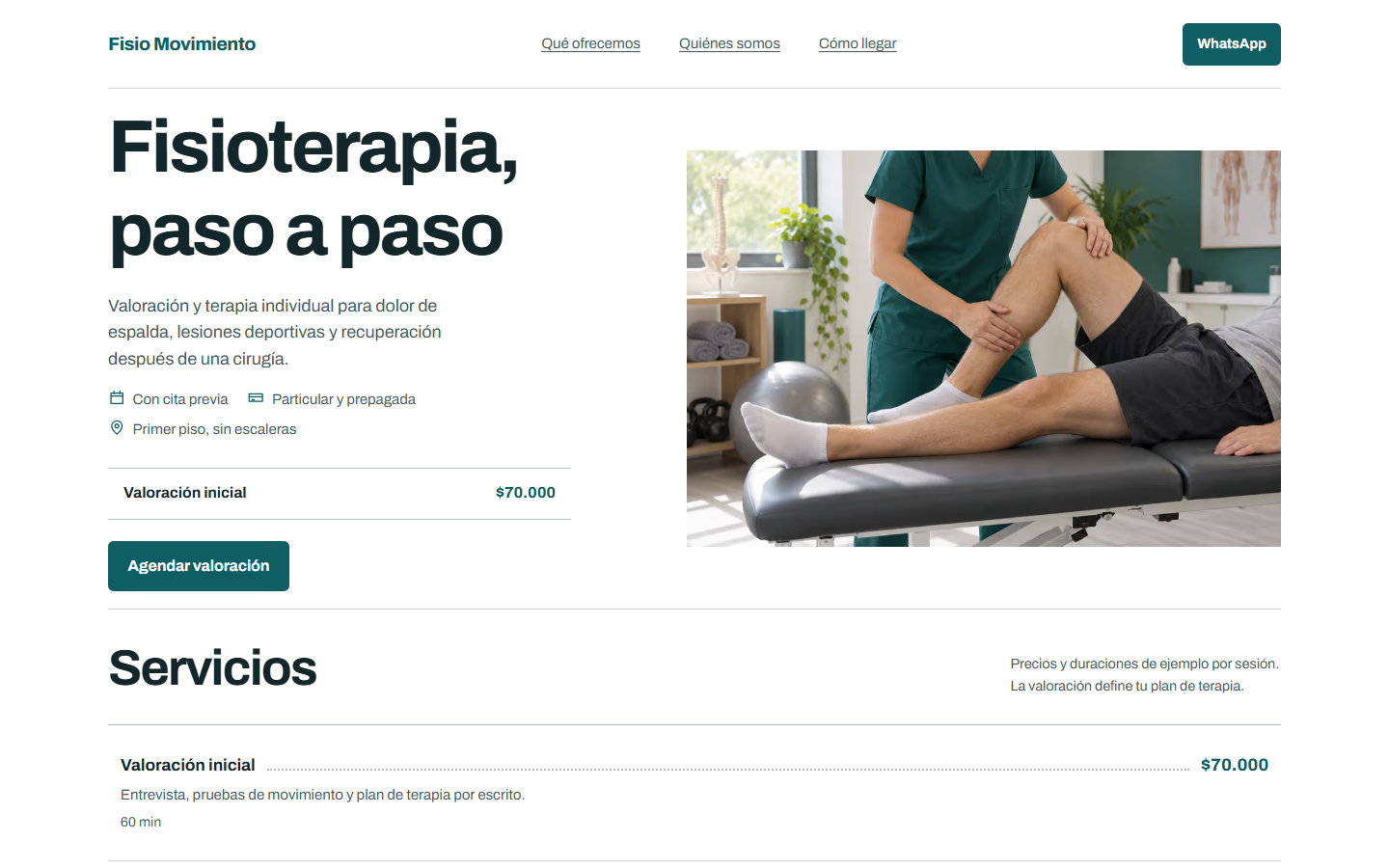 Primera pantalla del demo Fisio Movimiento, plan Esencial