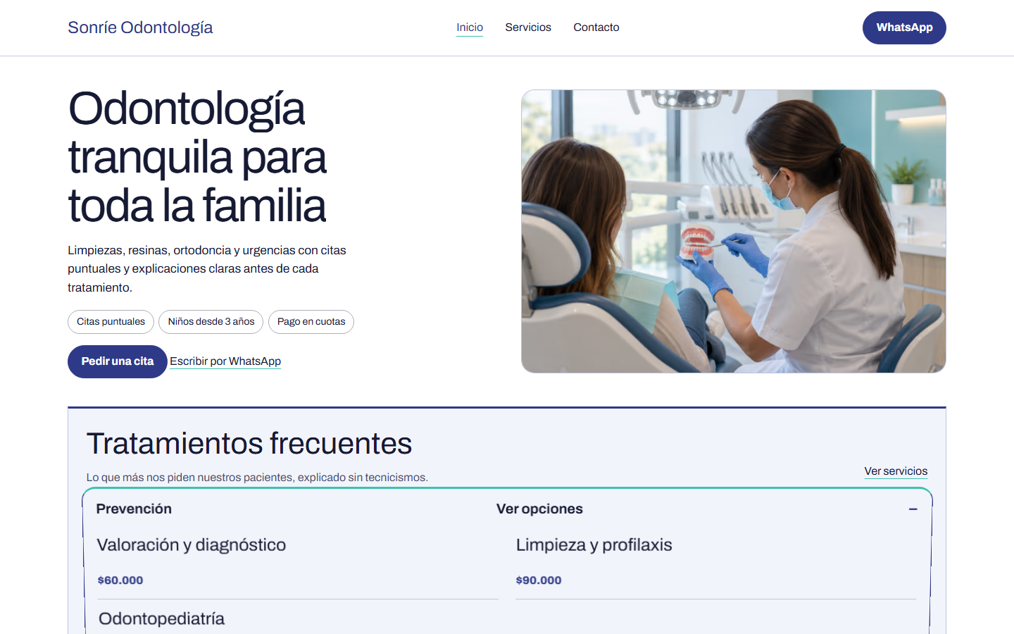 Primera pantalla del demo Sonríe Odontología, plan Impulso