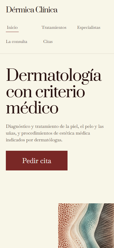Vista del demo Dérmica Clínica en celular