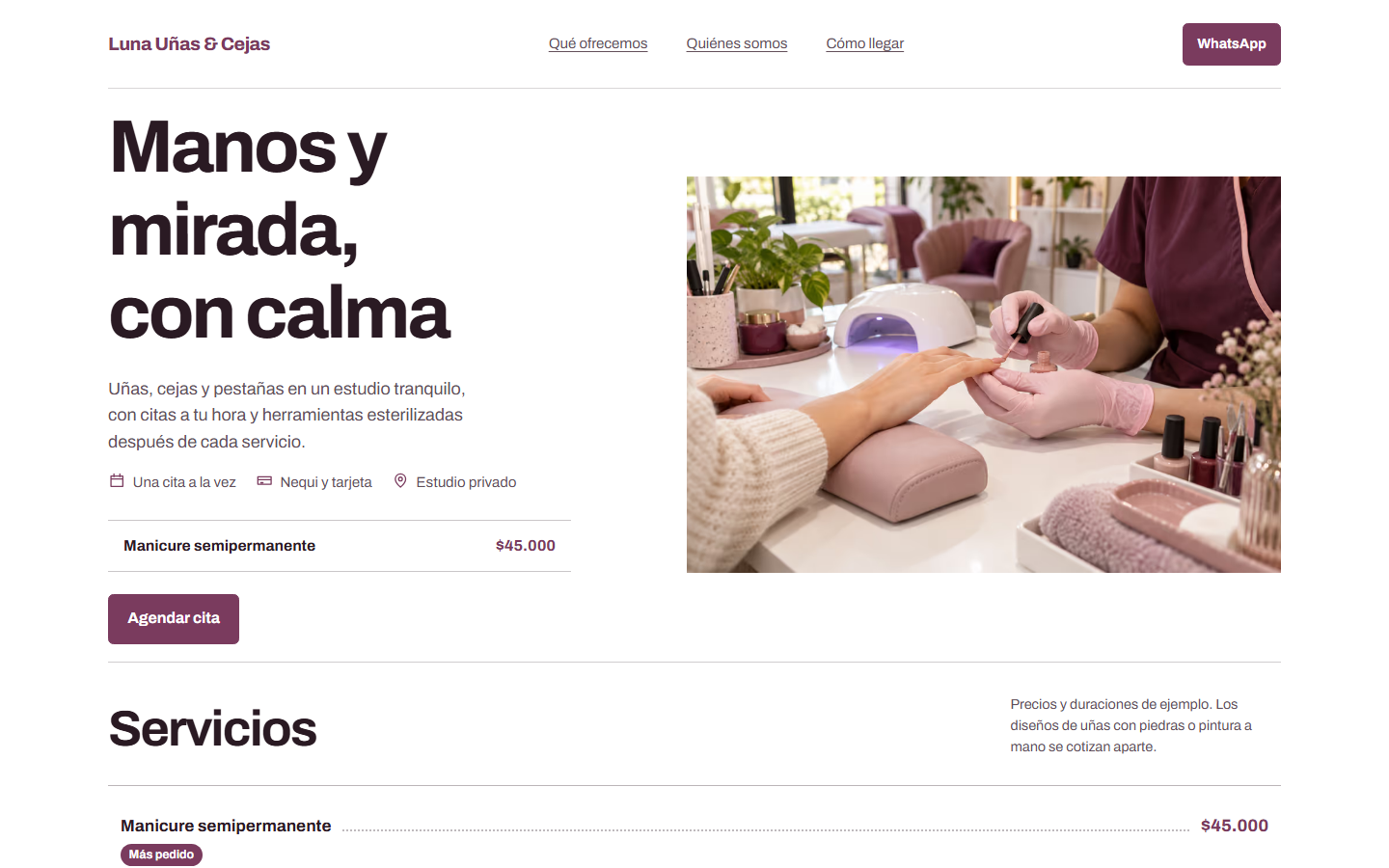 Primera pantalla del demo Luna Uñas & Cejas, plan Esencial