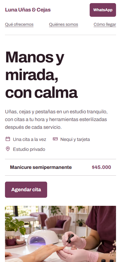 Vista del demo Luna Uñas & Cejas en celular