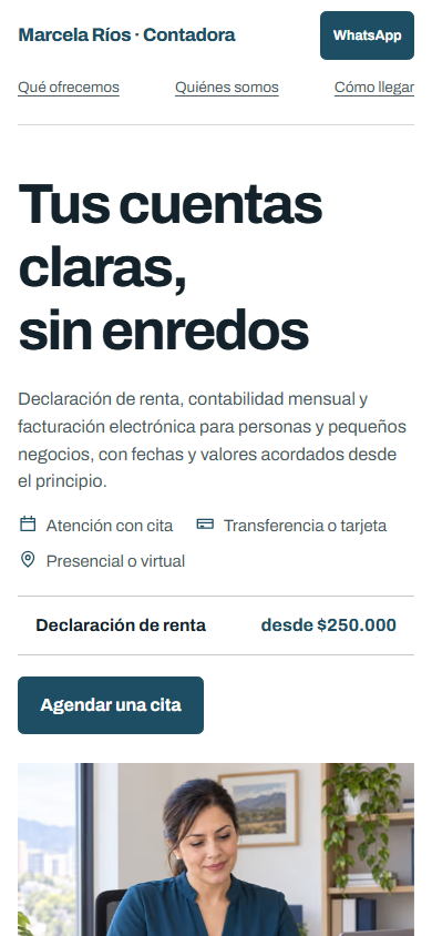 Vista del demo Marcela Ríos · Contadora en celular