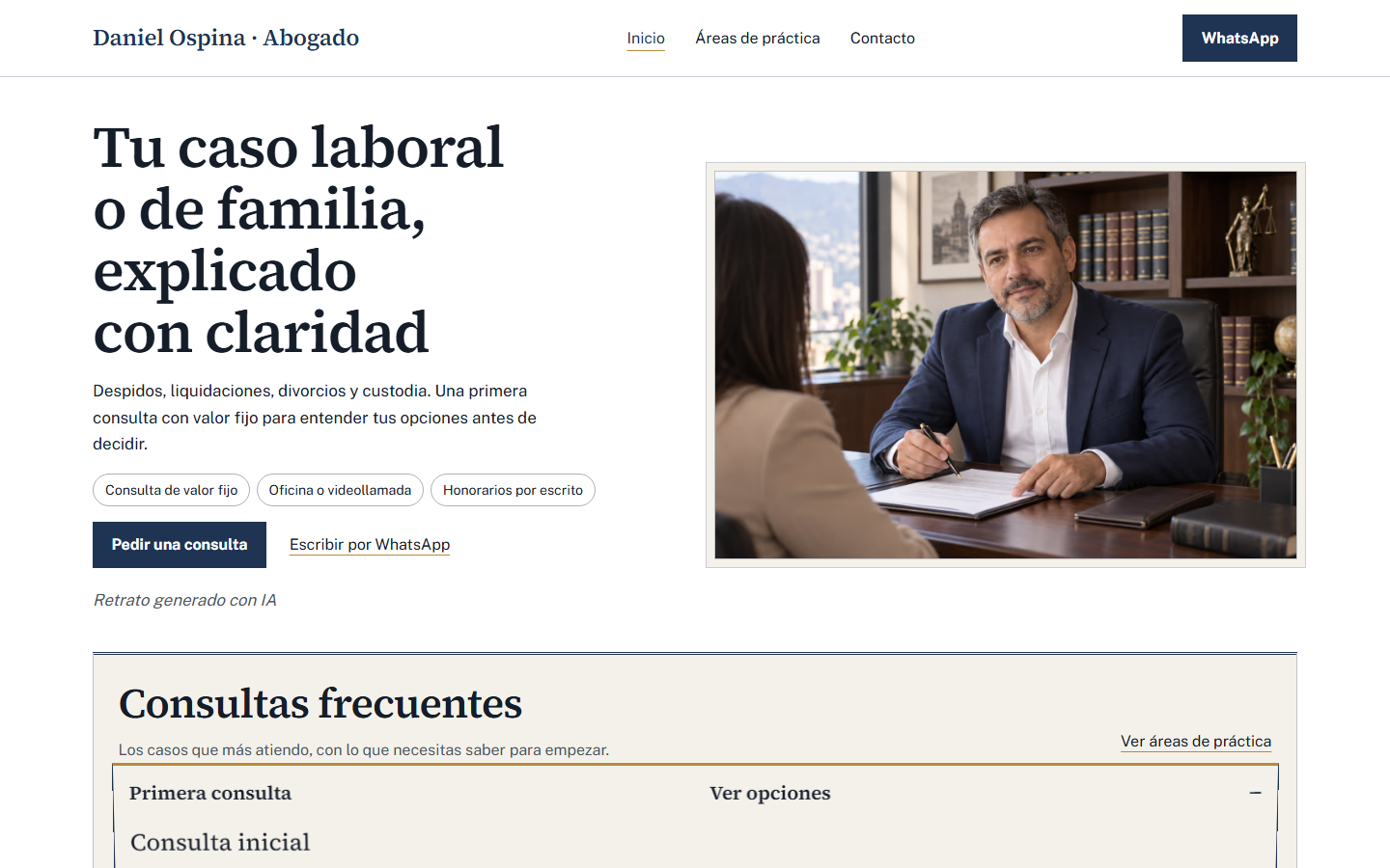Primera pantalla del demo Daniel Ospina · Abogado, plan Impulso