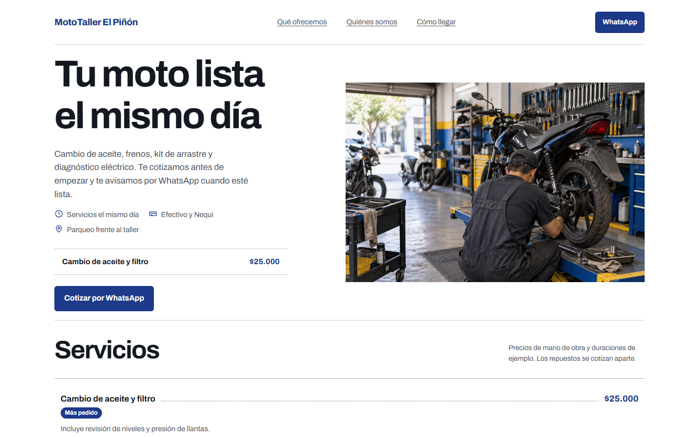 Primera pantalla del demo MotoTaller El Piñón, plan Esencial