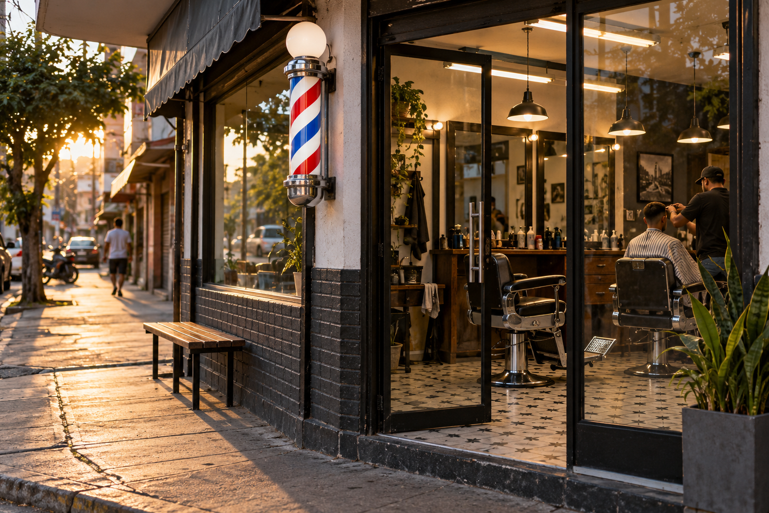 Fachada de la barbería en la esquina