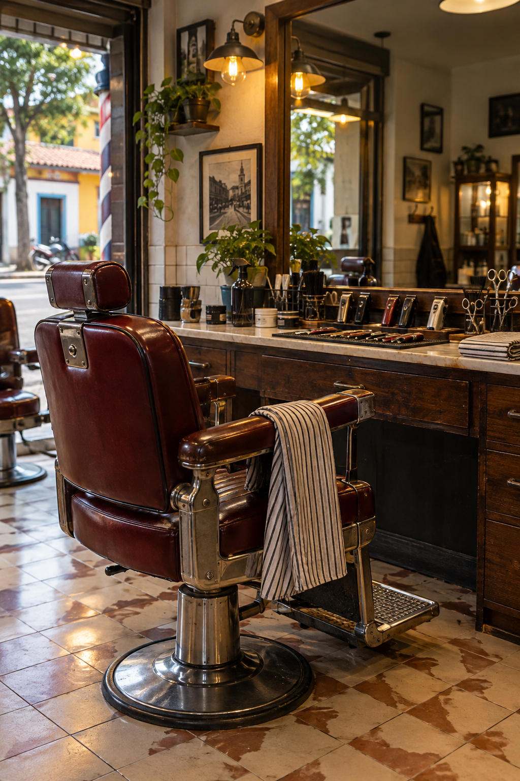 Silla de barbero clásica frente al espejo