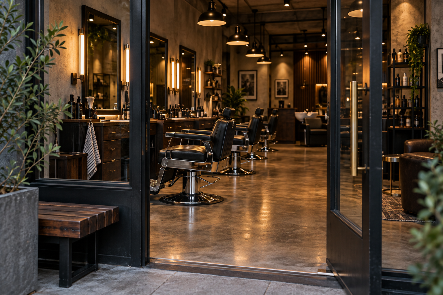 Entrada de la barbería con la puerta abierta