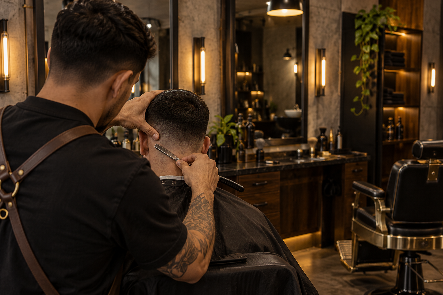 Barbero terminando un fade a navaja