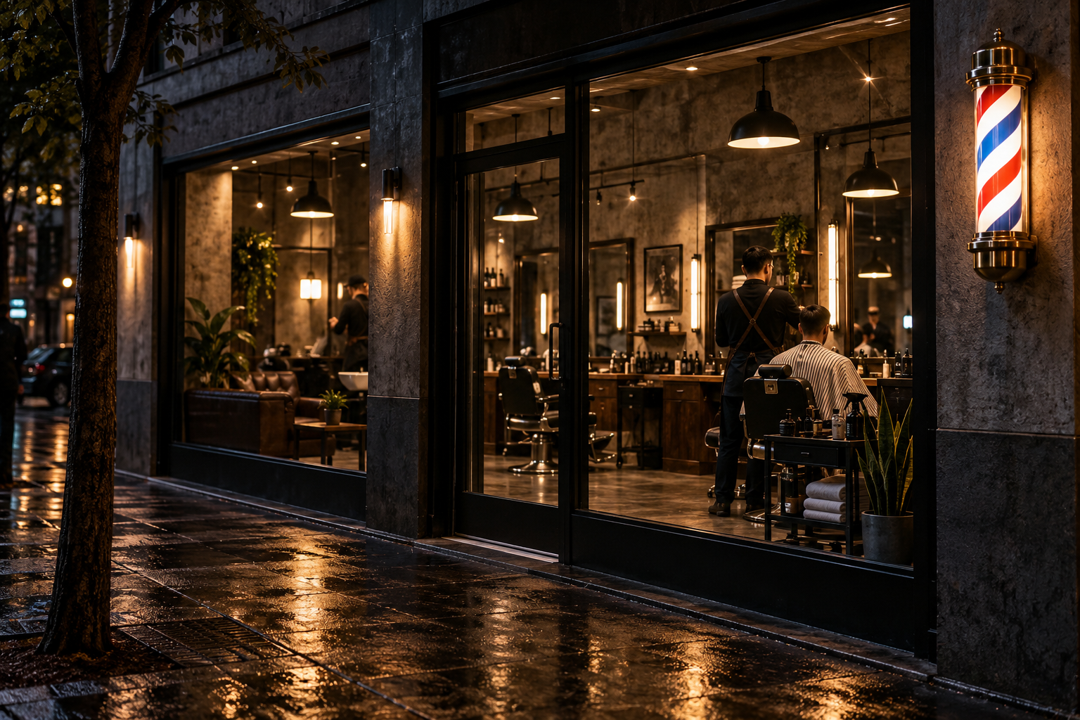Fachada de la barbería de noche