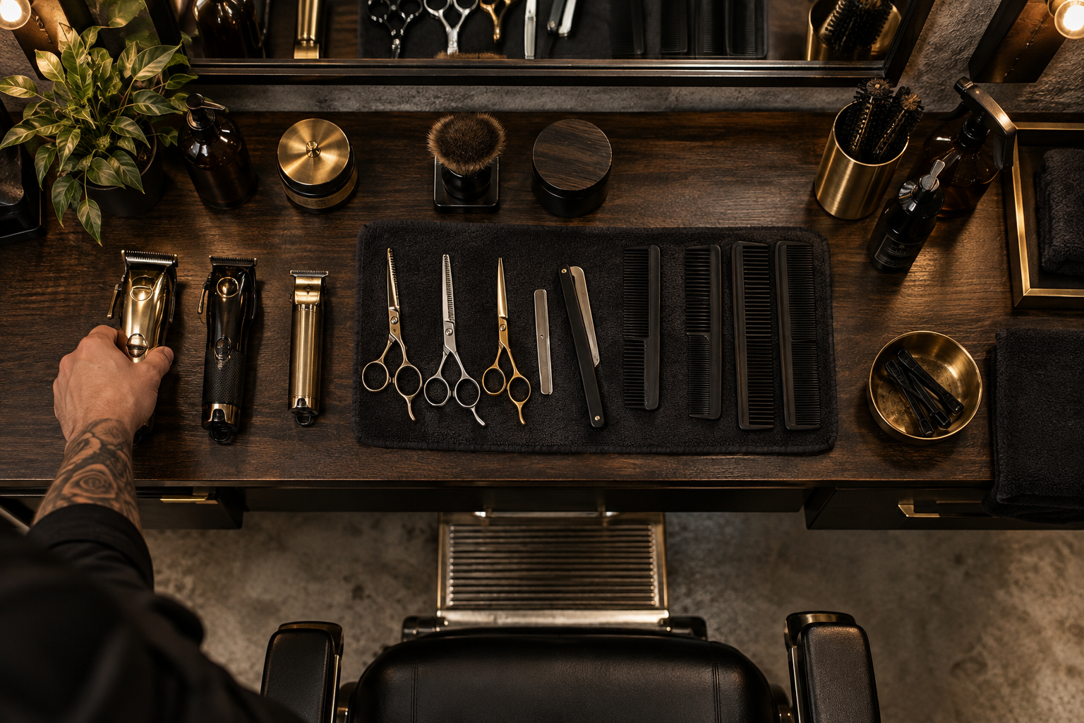 Herramientas de barbero ordenadas sobre el mesón