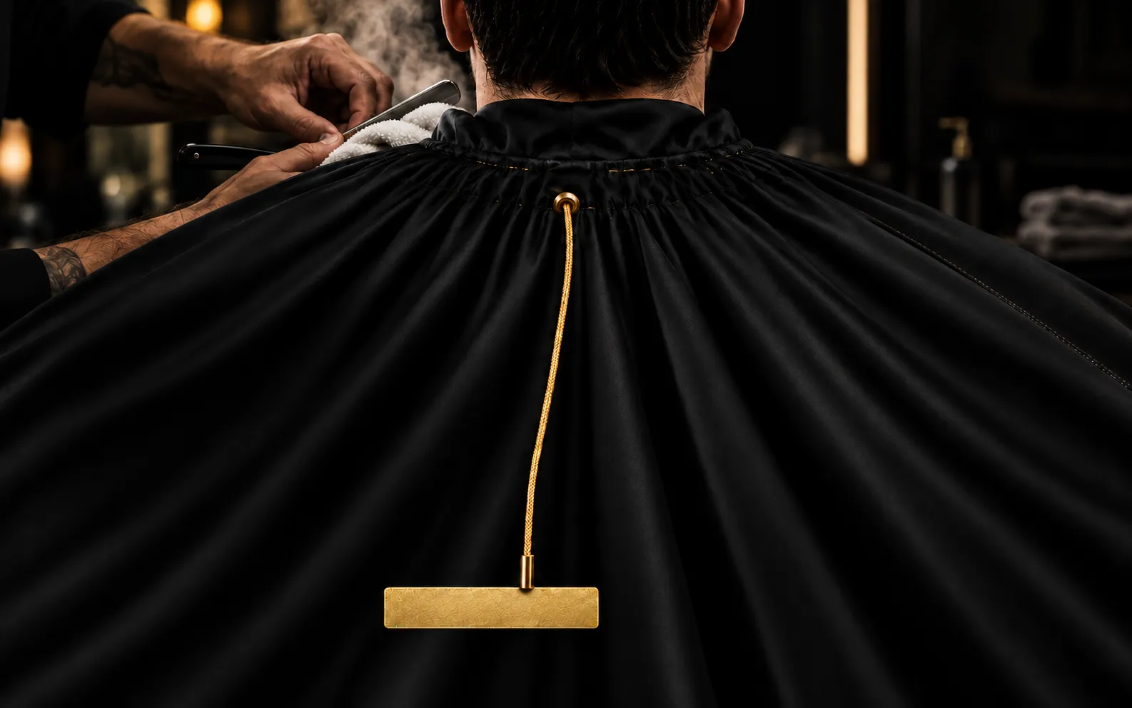 Un cliente visto de espaldas bajo una capa de seda negra; las manos del barbero sostienen una navaja y una toalla caliente junto al cuello, y un cordón dorado baja del cuello de la capa.