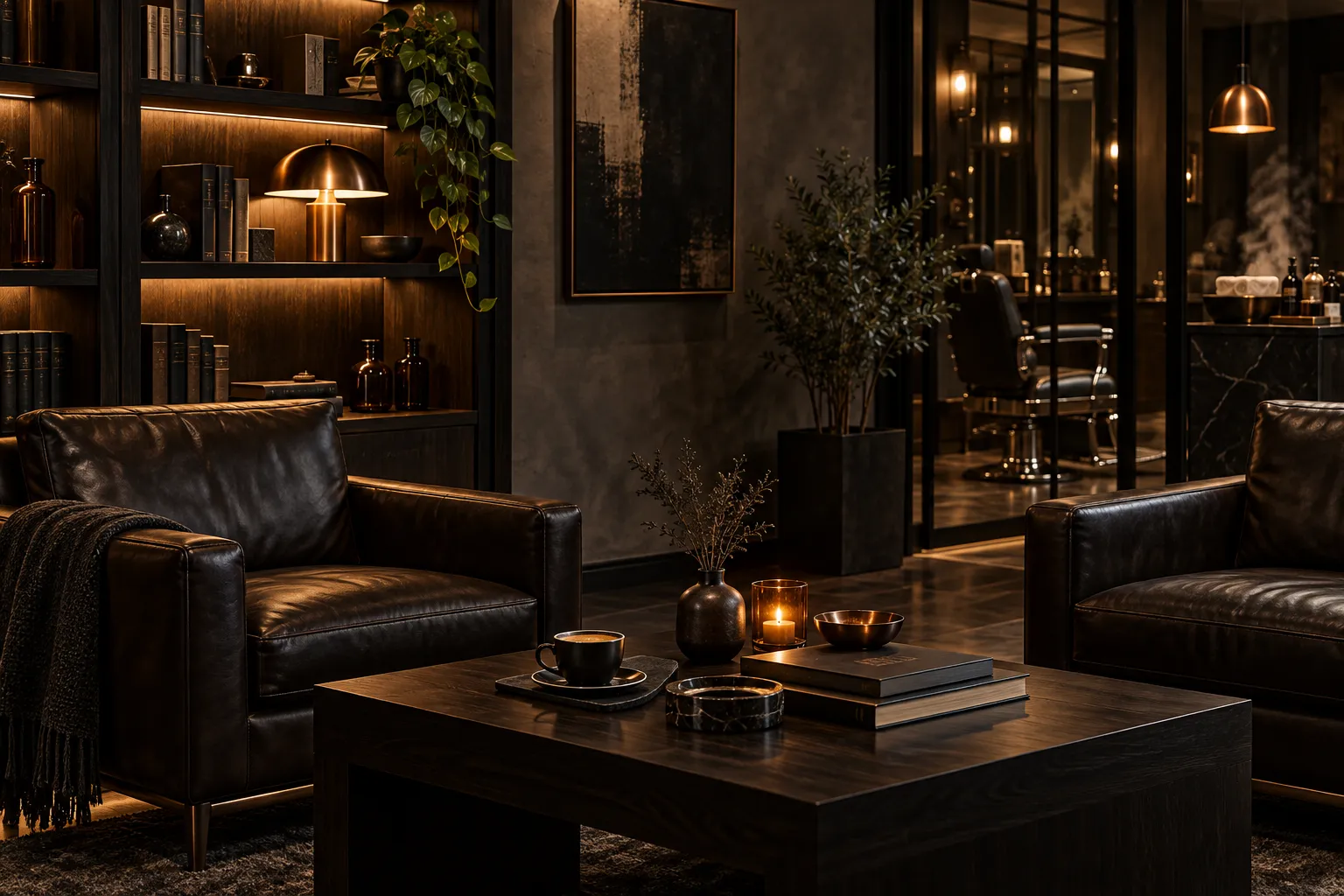Sala del club con butacas de cuero y una mesa baja