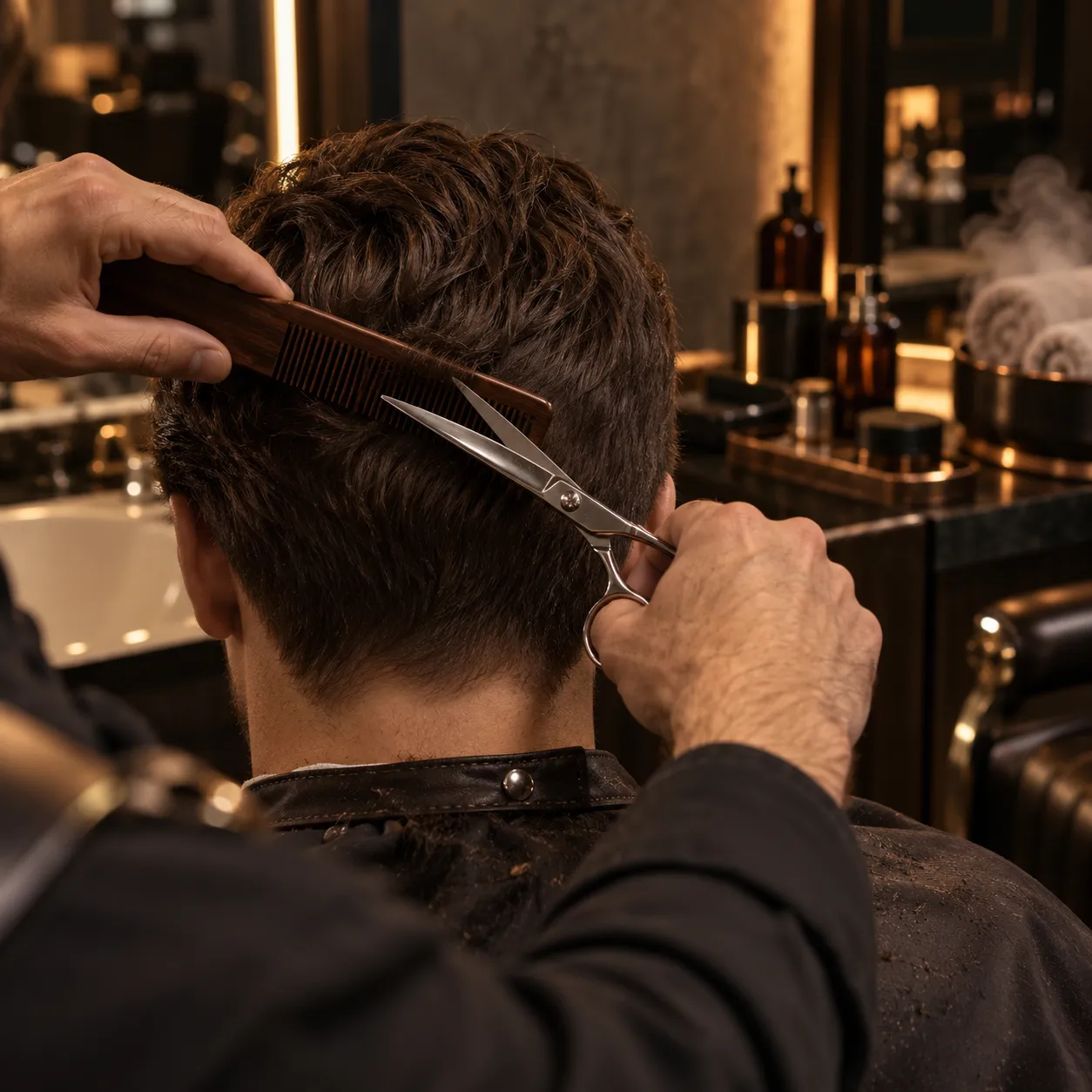 Tijera y peine trabajando sobre el cabello de un cliente