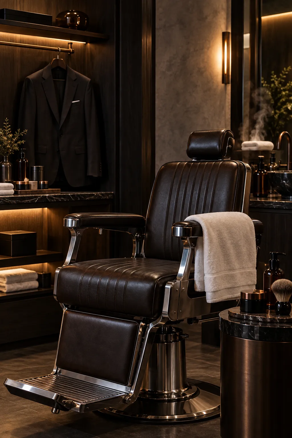 Traje oscuro colgado junto al sillón de barbero, con una toalla doblada