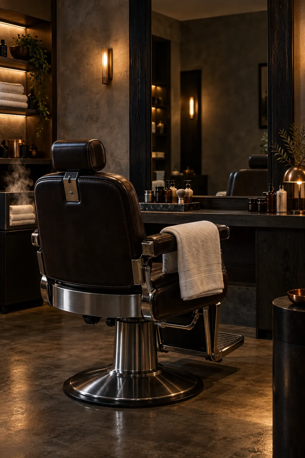 Sillón de barbero de cuero oscuro frente a un espejo alto con marco negro