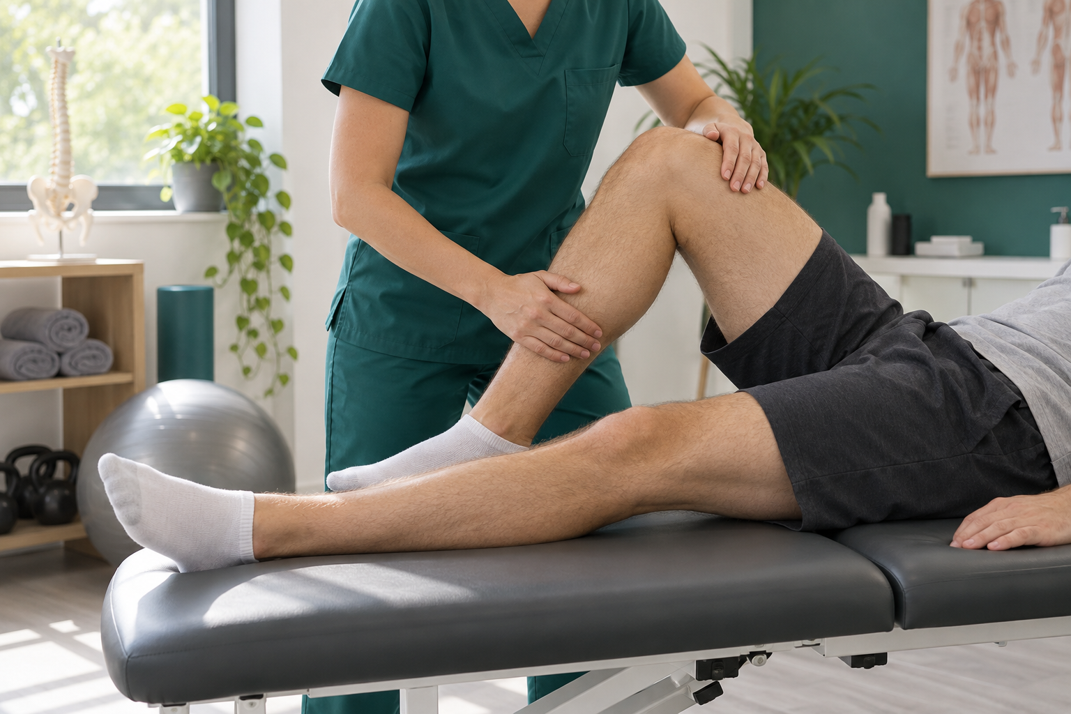Fisioterapeuta guiando un ejercicio de rodilla en la camilla