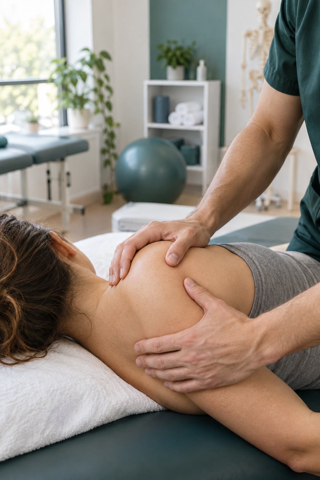 Manos de la fisioterapeuta haciendo terapia manual en un hombro