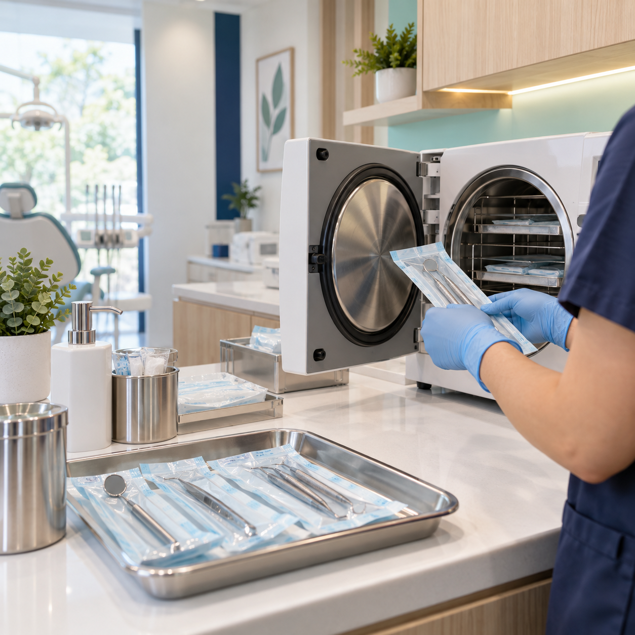 Área de esterilización con instrumental empacado