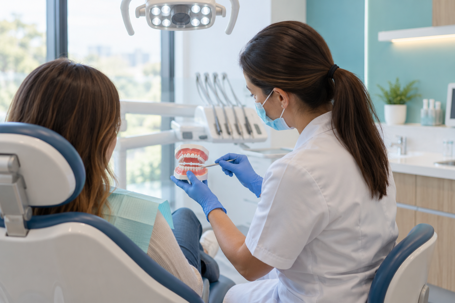 Odontóloga explicando un tratamiento a una paciente en la unidad dental