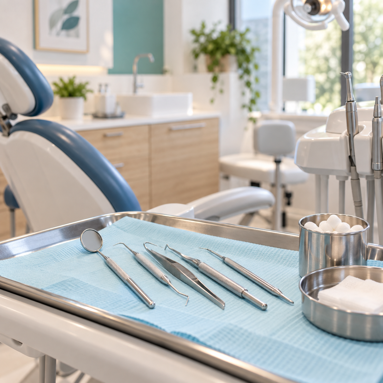 Instrumental para limpieza dental sobre la bandeja