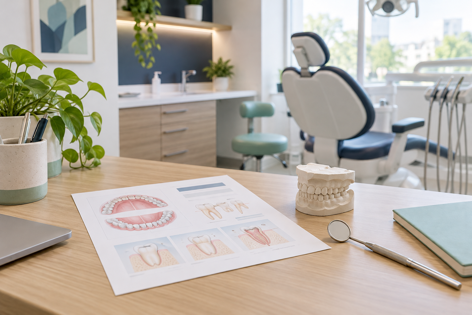 Plan de tratamiento impreso junto a un modelo dental