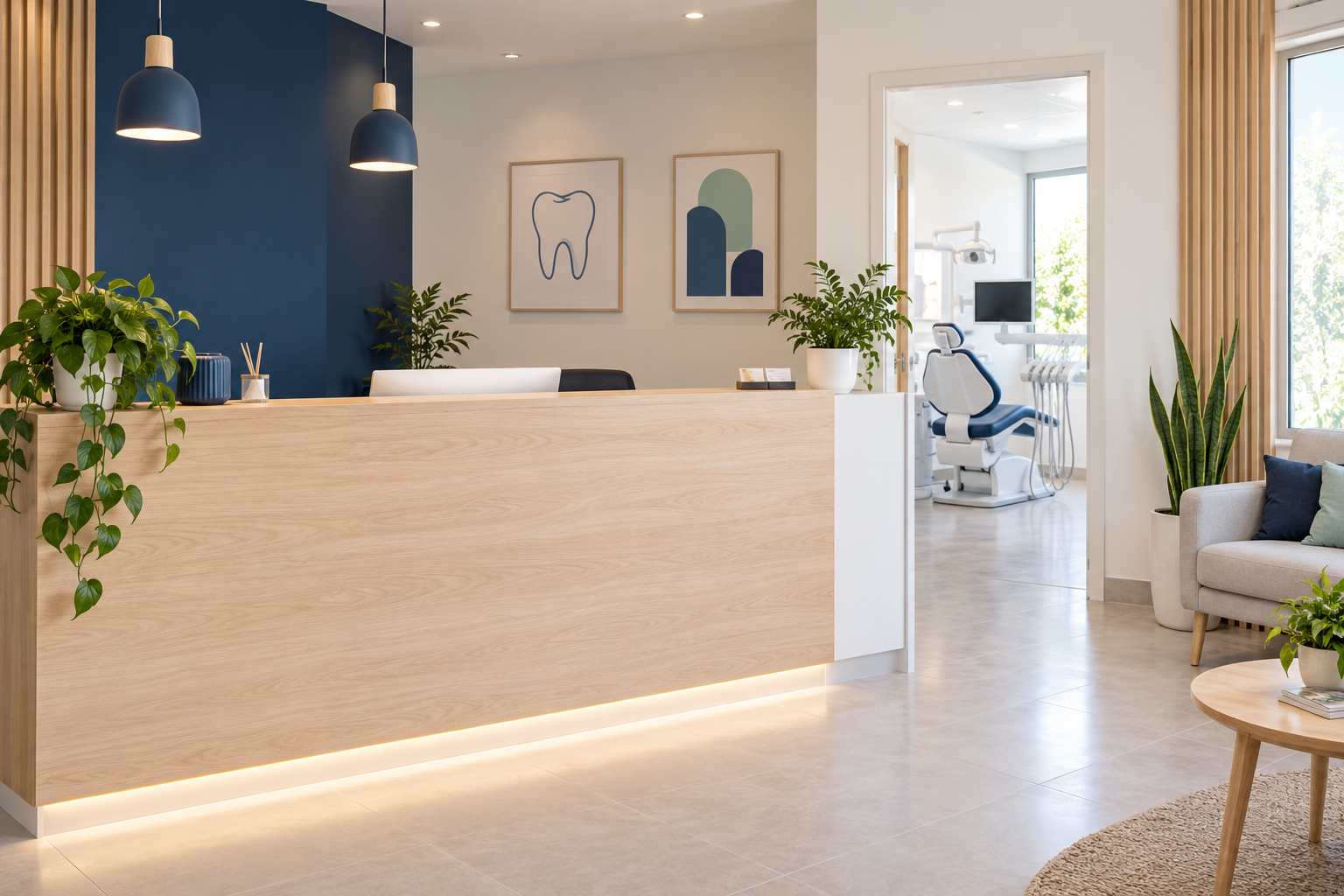 Recepción del consultorio con mostrador de madera