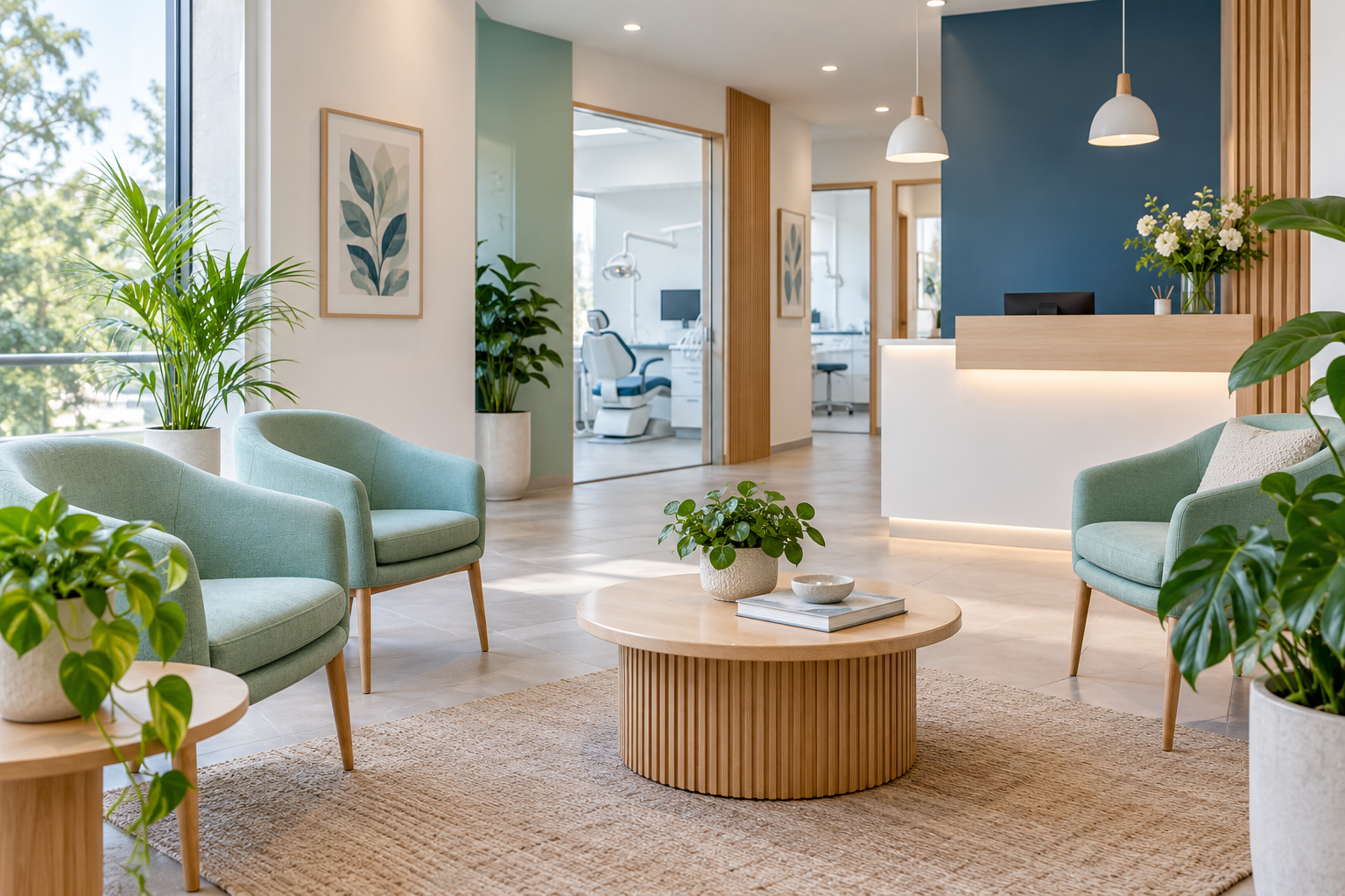 Sala de espera con sillas cómodas y plantas
