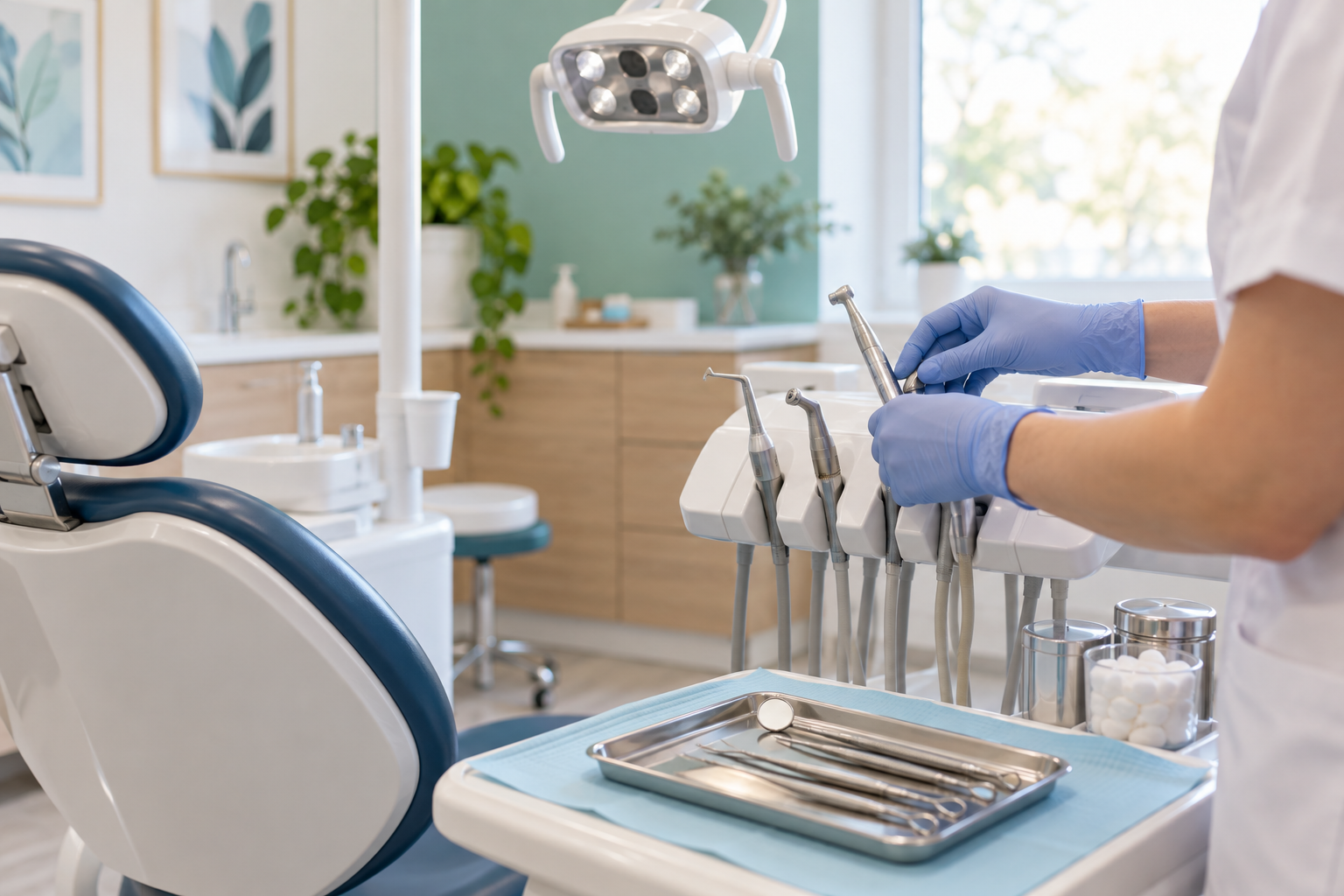 Odontóloga preparando la unidad dental