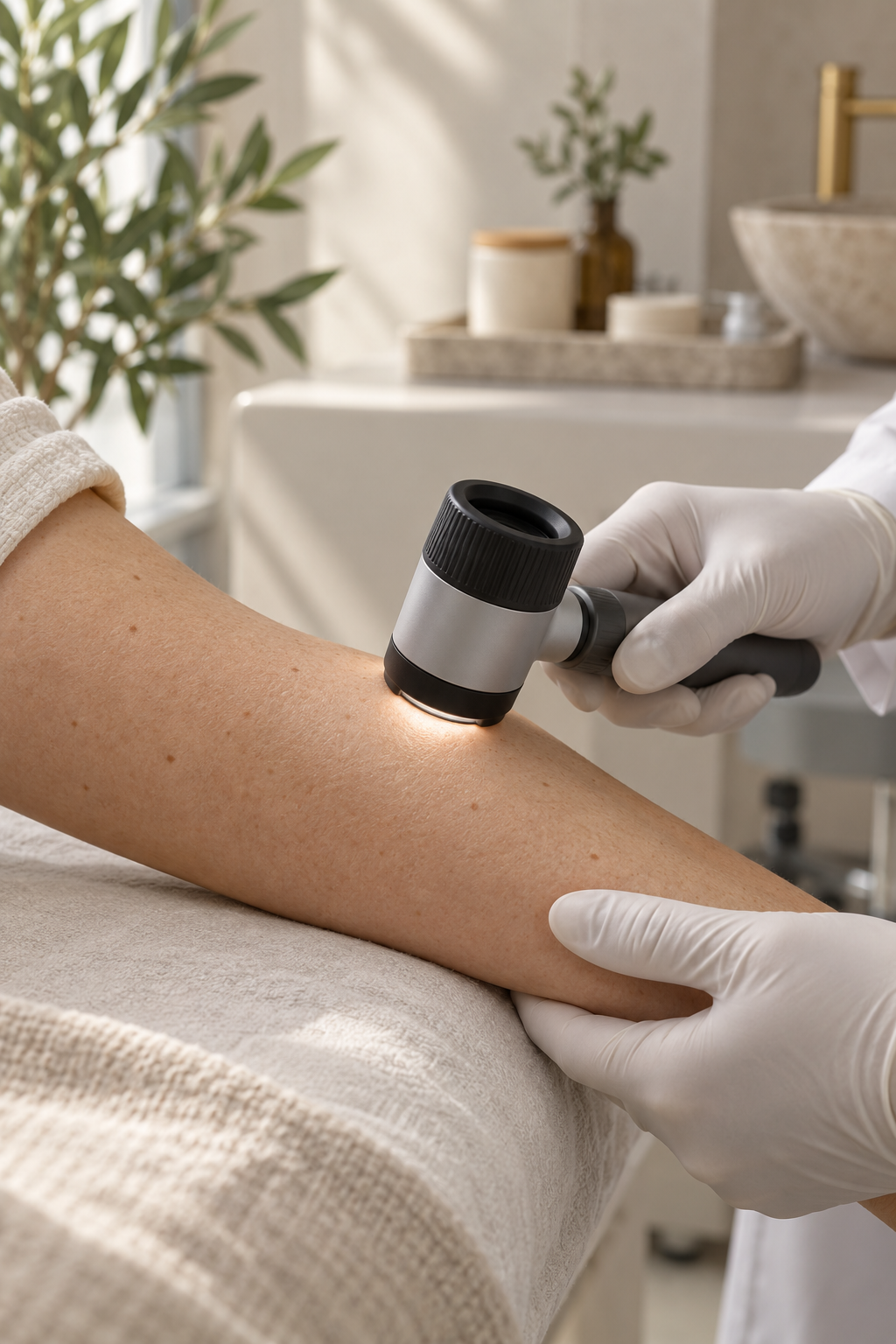 Dermatóloga examinando la piel de un antebrazo con dermatoscopio