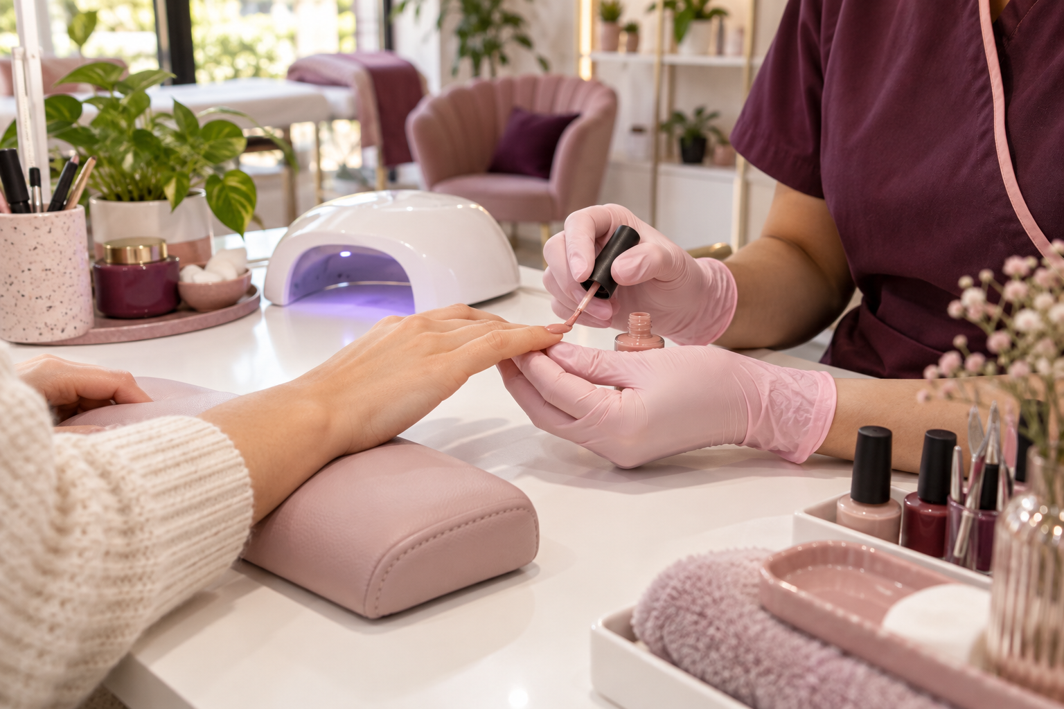 Manicurista aplicando esmalte semipermanente