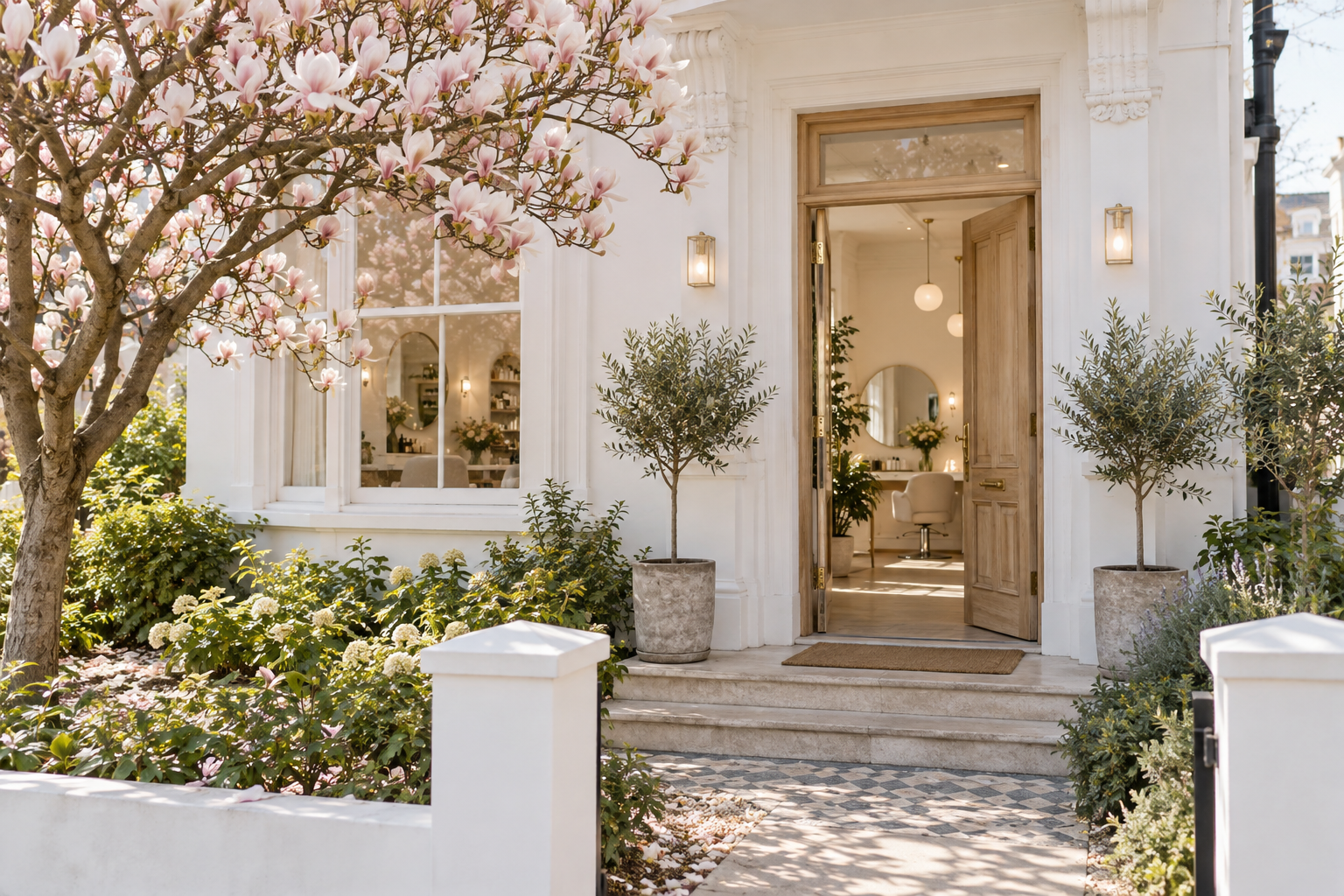 Fachada blanca del salón con una magnolia en flor