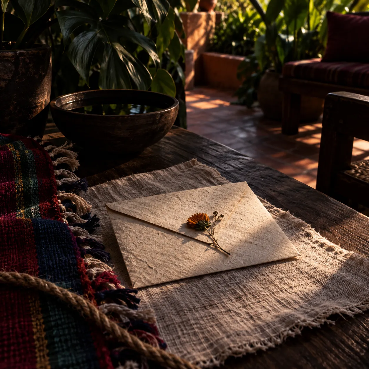 Sobre de papel artesanal con una flor seca sobre lino en la sombra de la terraza