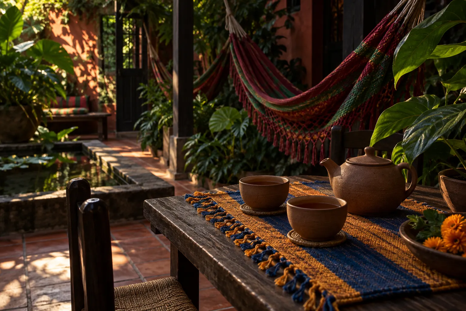 Juego de té de cerámica sobre una mesa de madera del jardín con hamacas al fondo