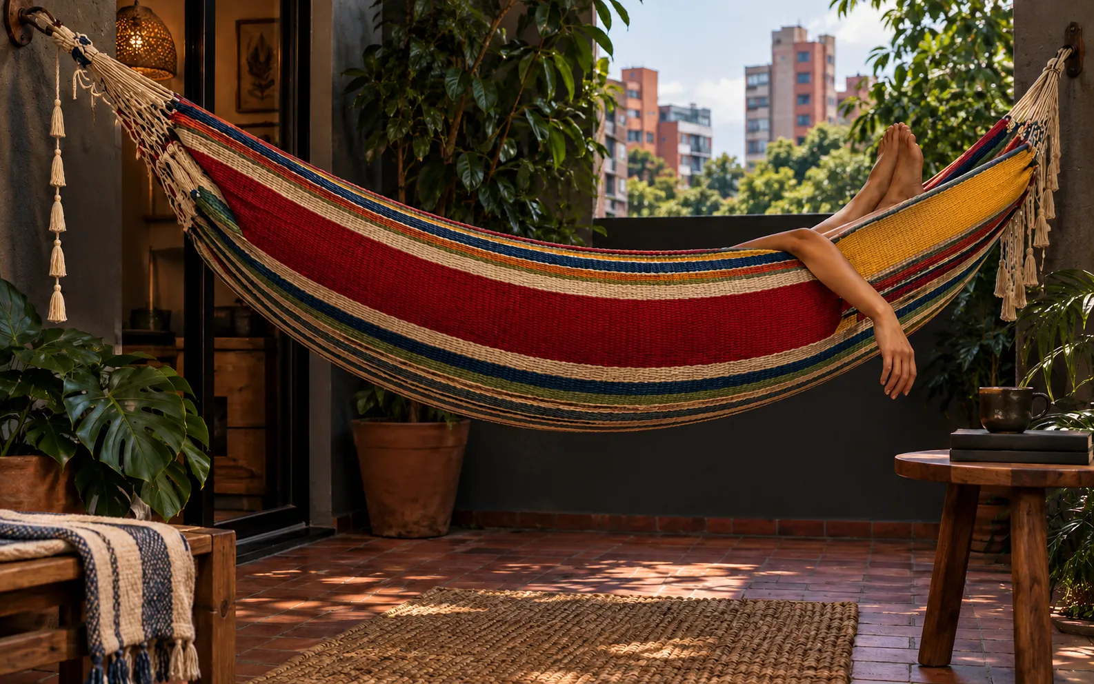 Una hamaca tejida de rayas rojas, amarillas, azules y verdes cruza una terraza en sombra de gancho a gancho; alguien descansa en ella y solo se ven sus pies y un brazo.