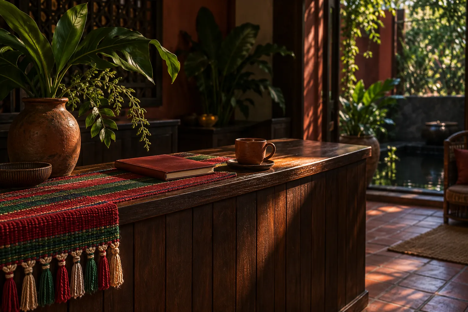 Mostrador de recepción con un camino tejido de franjas, una libreta cerrada y una taza de té