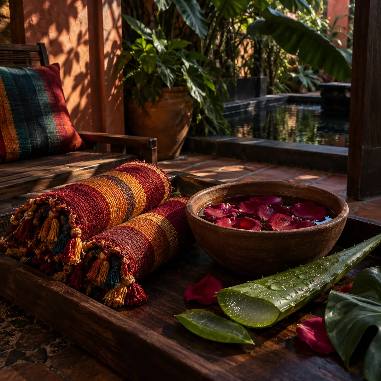 Compresas tejidas, una hoja de aloe y pétalos de rosa en agua sobre una bandeja oscura