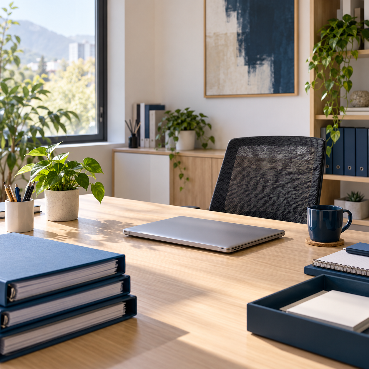 Escritorio ordenado con portátil, carpetas y una planta