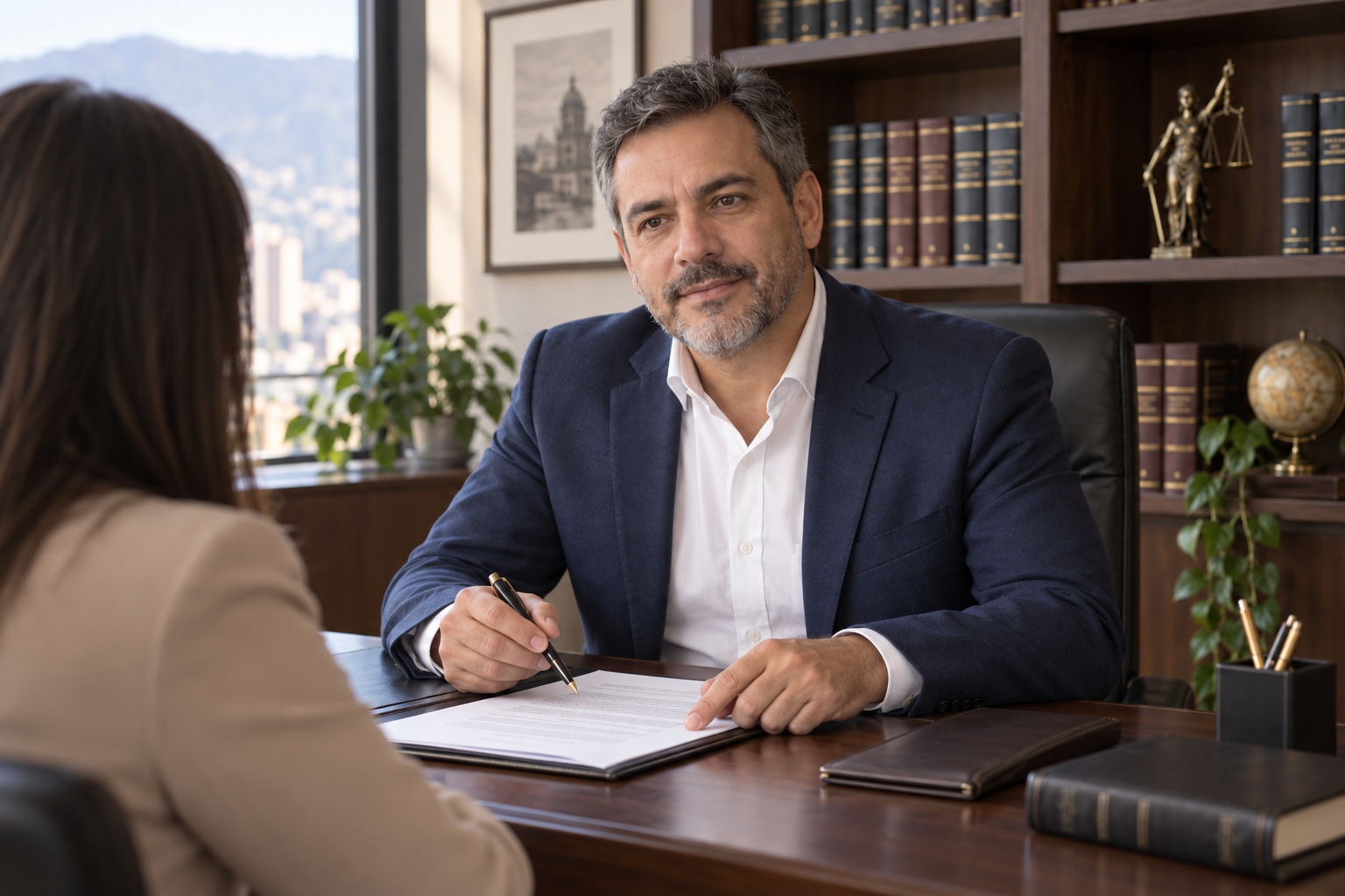 Daniel Ospina explicando un documento a un cliente