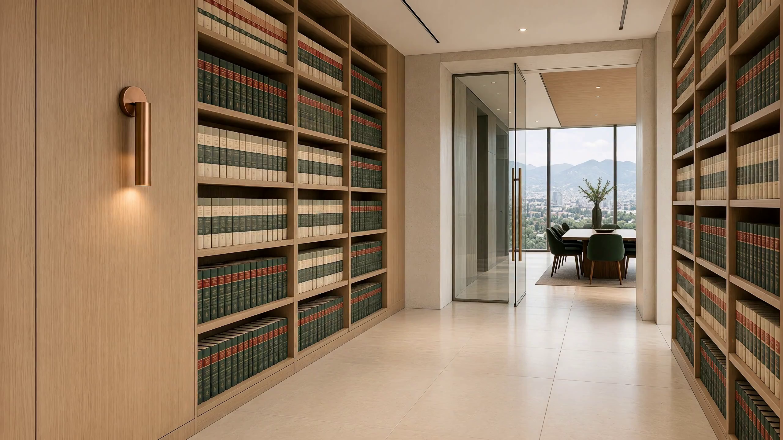 Pasillo de la biblioteca jurídica con estanterías de roble de piso a techo y una lámpara de cobre.