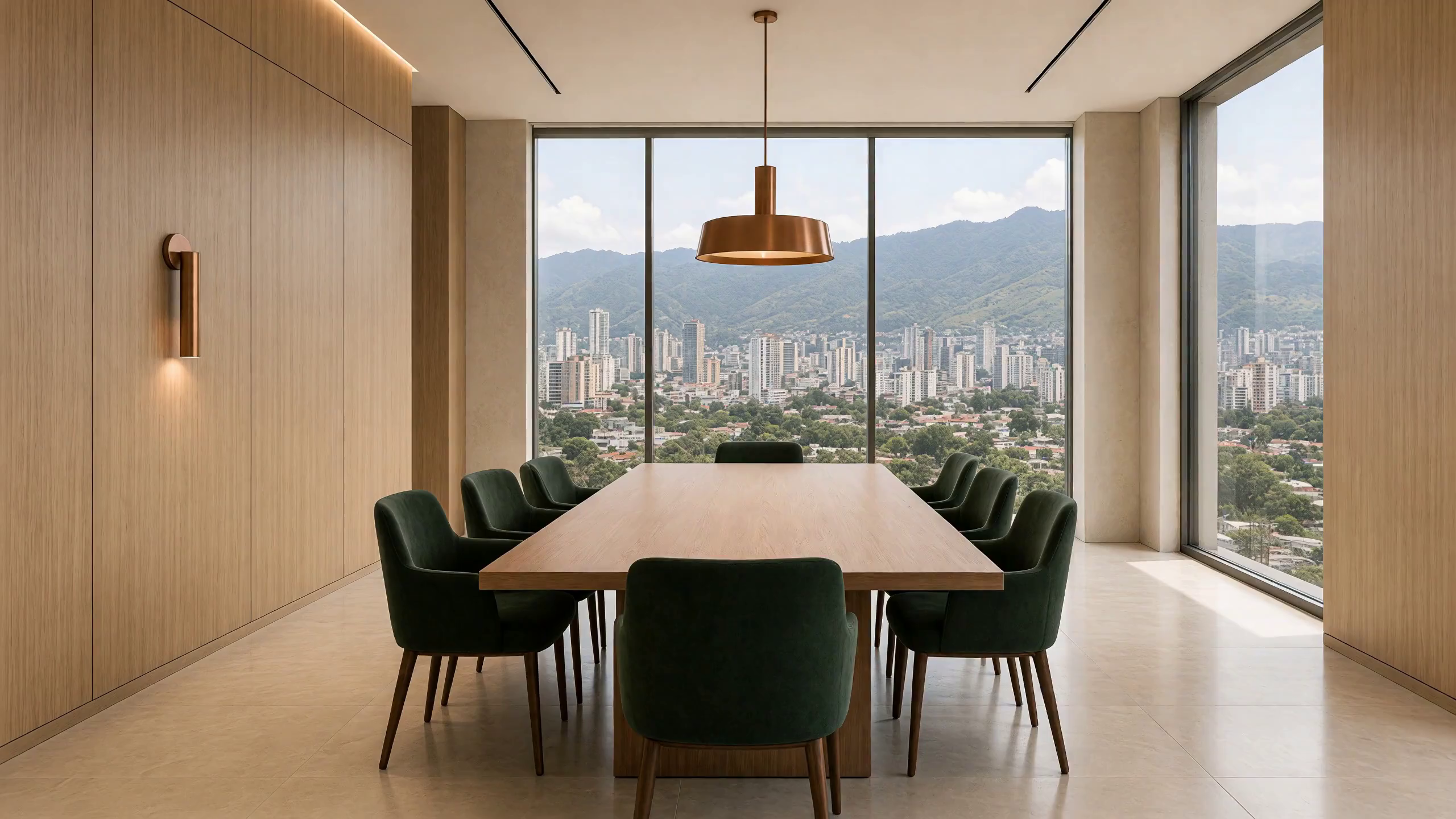Sala de juntas con una mesa larga de roble, sillas de cuero verde y ventanales con vista a la ciudad y a los cerros.