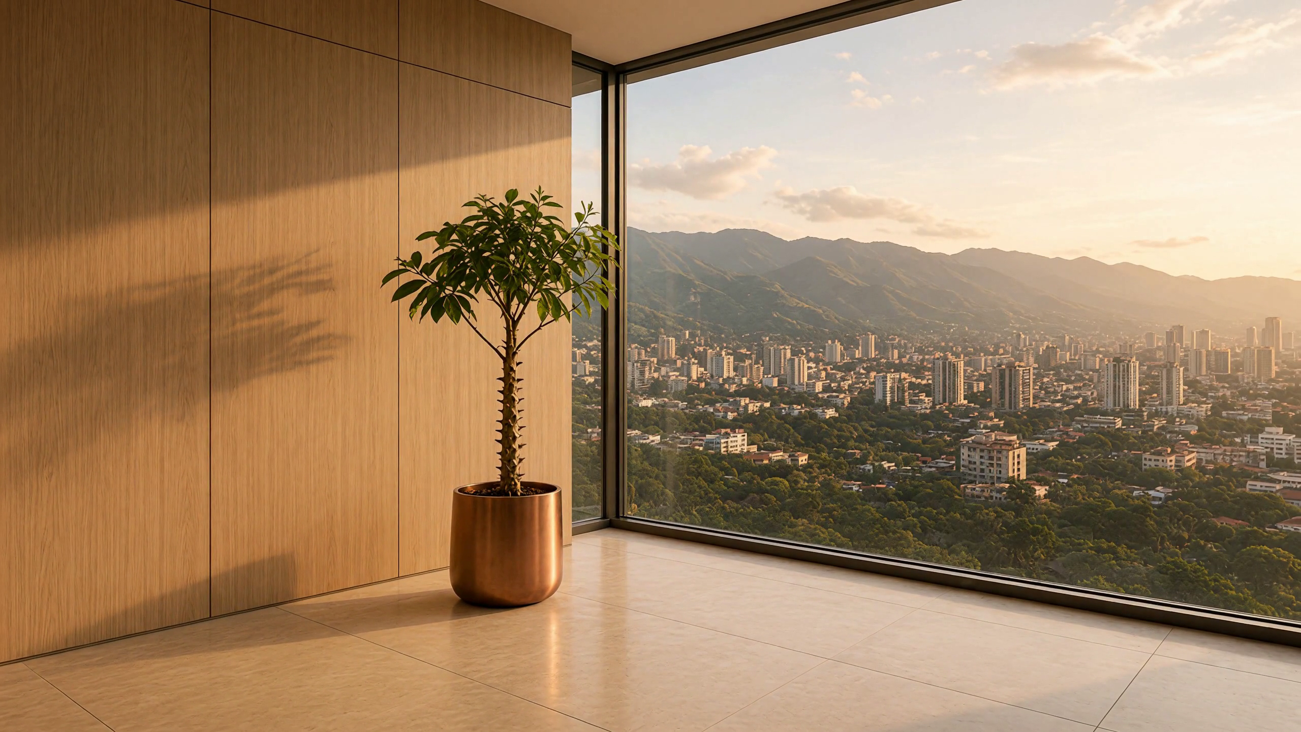 Esquina del ventanal al atardecer: Cali y los cerros verdes en el horizonte, luz cálida sobre el piso de piedra.