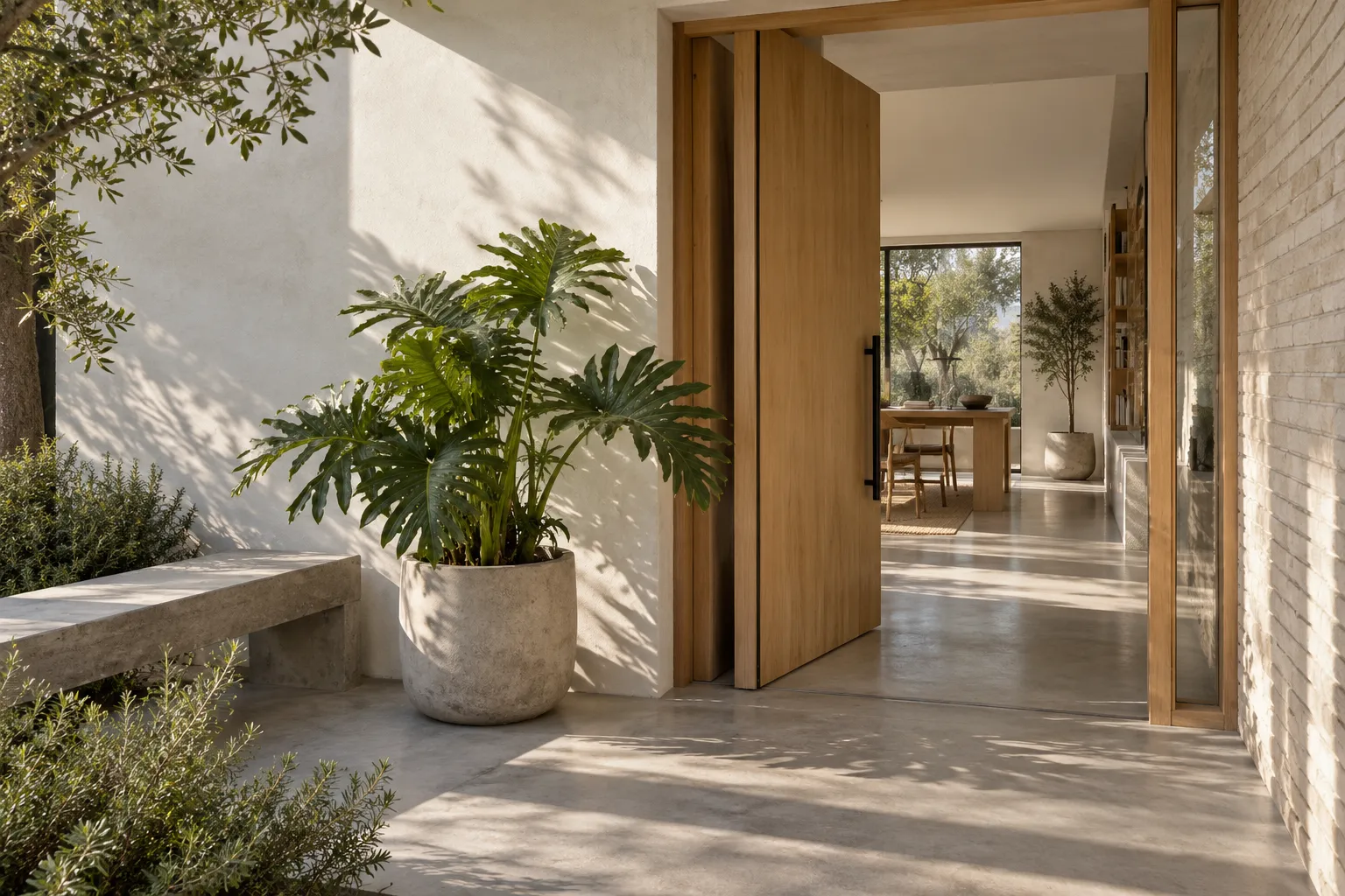 Entrada del estudio con puerta de madera abierta y un banco de concreto