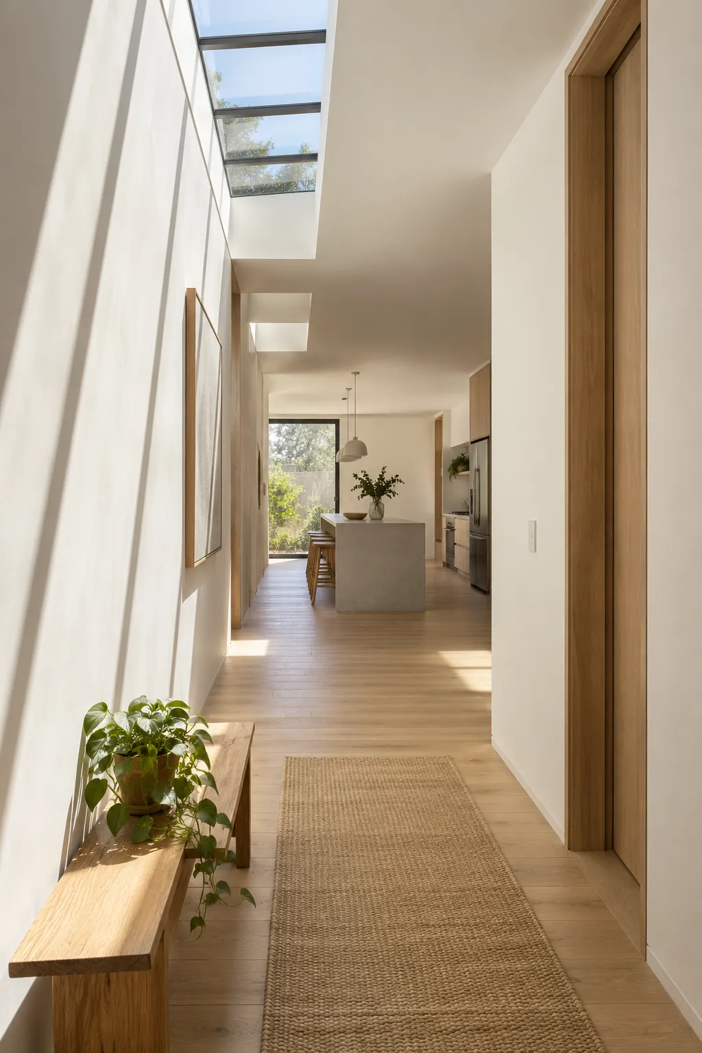 Pasillo del Apartamento Claraboya con luz que baja por el muro blanco