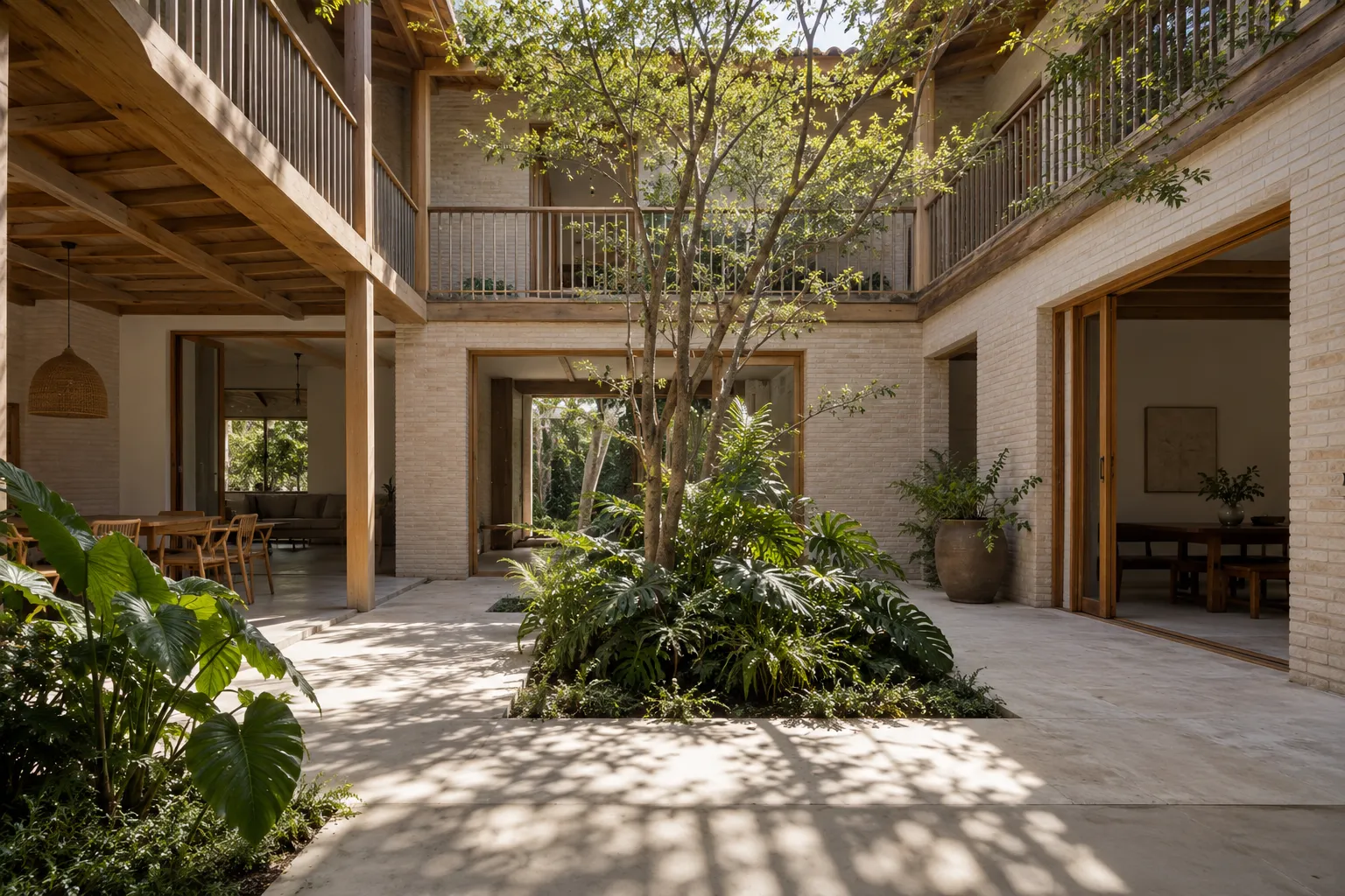 Patio central de la Casa Patio con corredores de madera y una mata grande