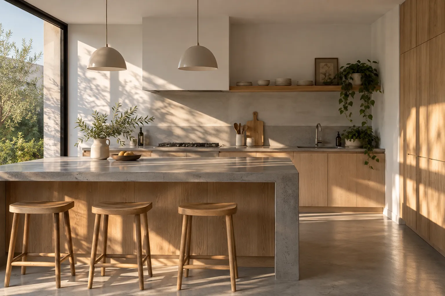 Cocina remodelada con muebles de madera clara y luz de tarde