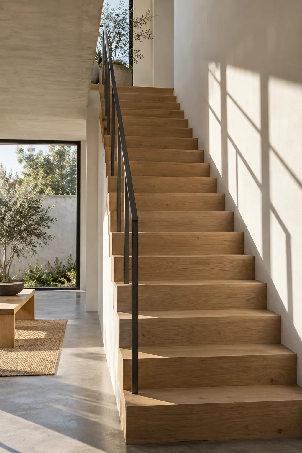 Escalera de madera clara con baranda delgada de acero y sombras de los peldaños