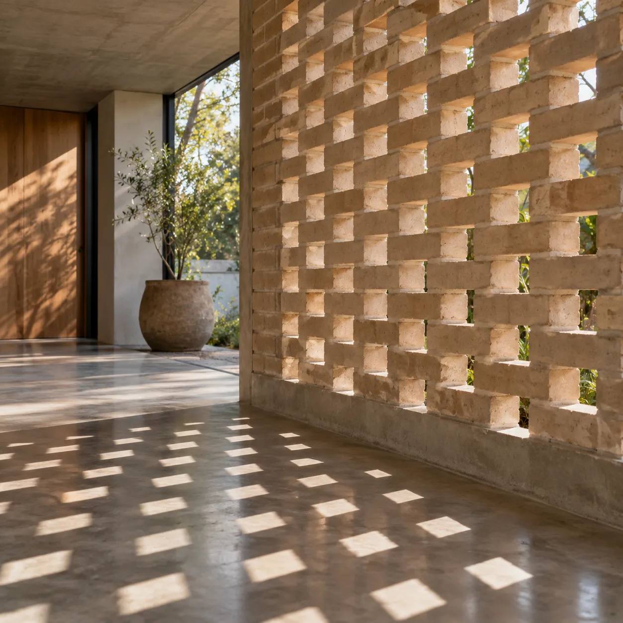 Muro de ladrillo calado que dibuja luces y sombras sobre el piso de concreto